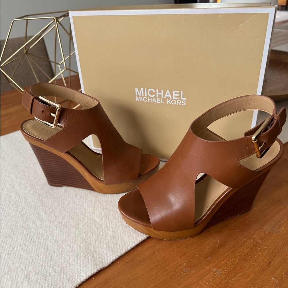 Michael Kors Josephine Wedge Womens Leather Open Toe Wedge Heels size 7